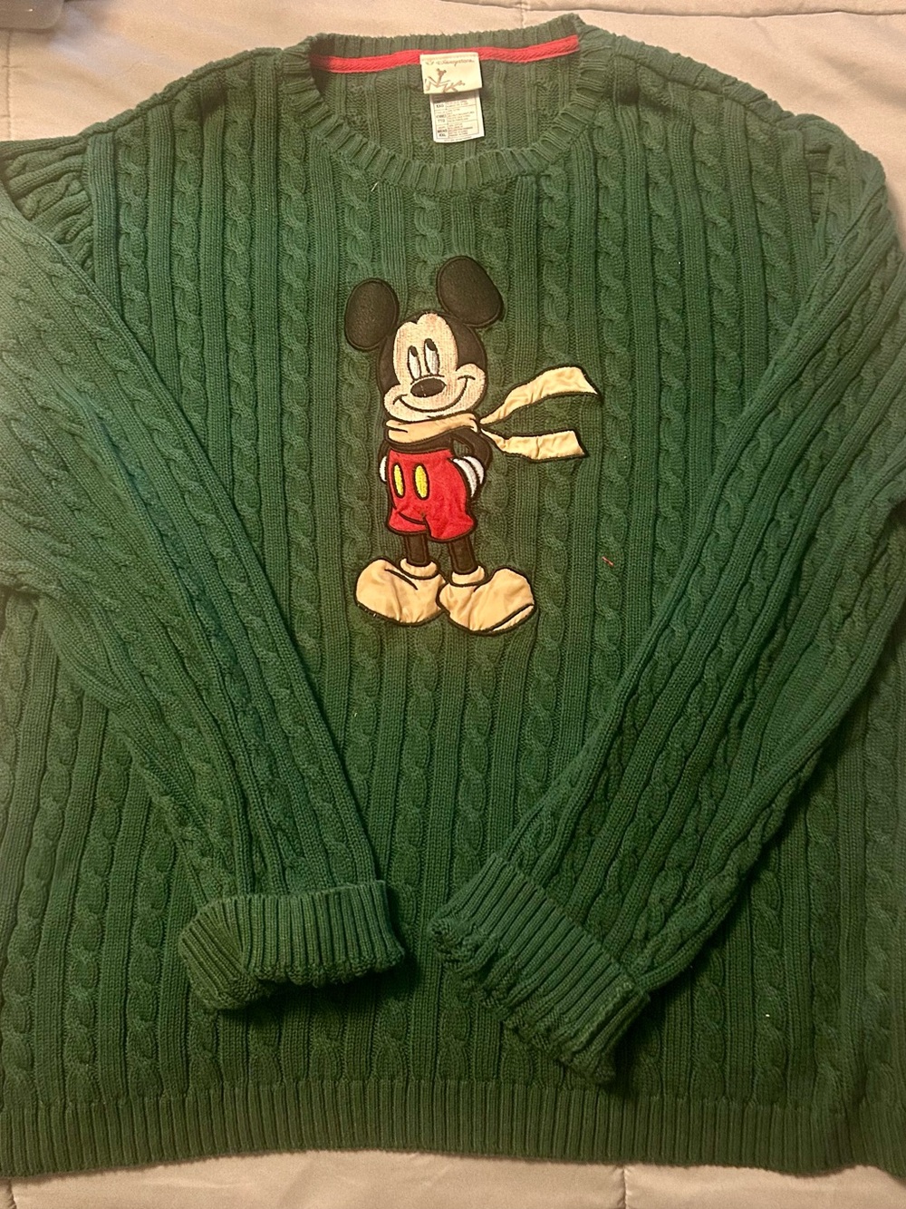 Disney Men's Green Cable-Knit Mickey Mouse Crewneck Sweater